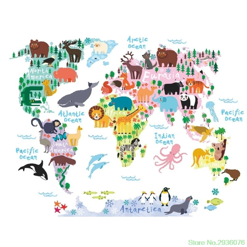 

Cute Animals World Map Removable Wall Sticker Mural Decals For Kids Baby Children Bedroom Living Room Drop Ship Support