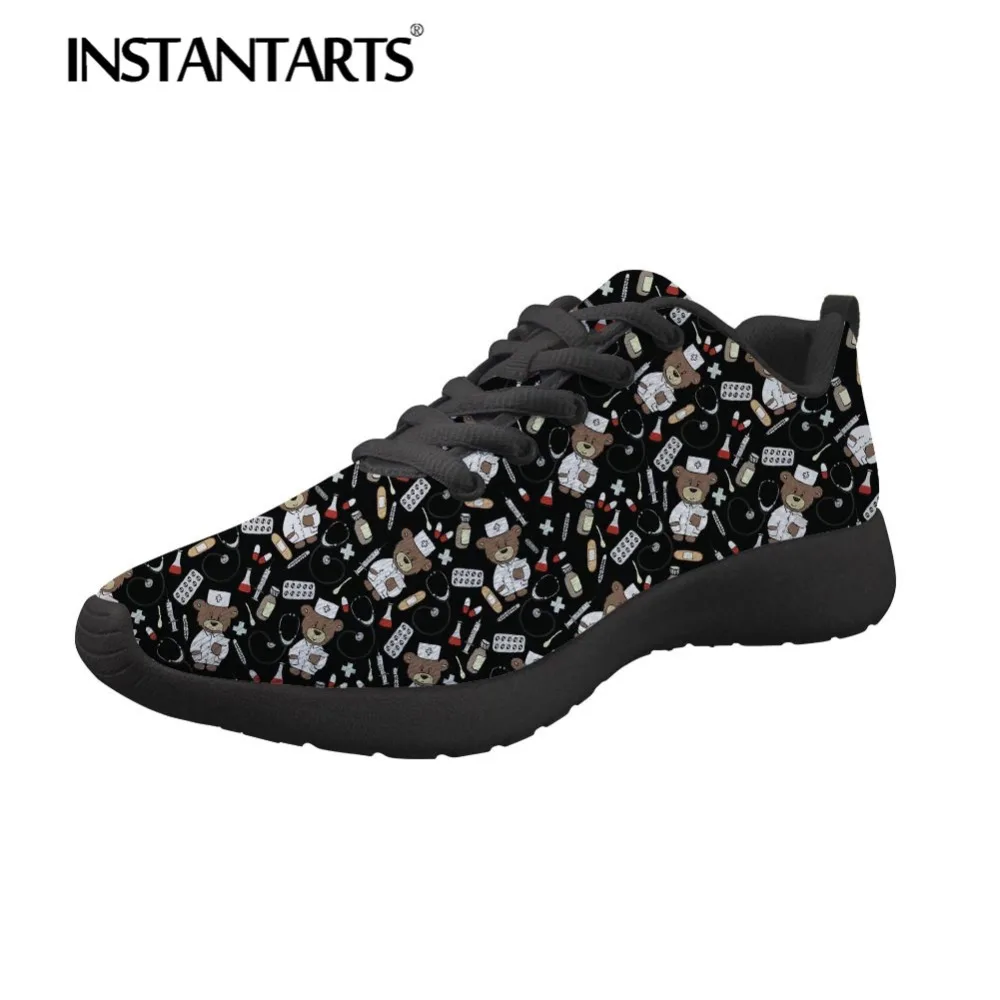 

INSTANTARTS Cartoon Nurse Female Casual Shoes Women Flat Shoes Spring Mesh Walking Zapatos Mujer Nurse Bear Print Black Sneakers