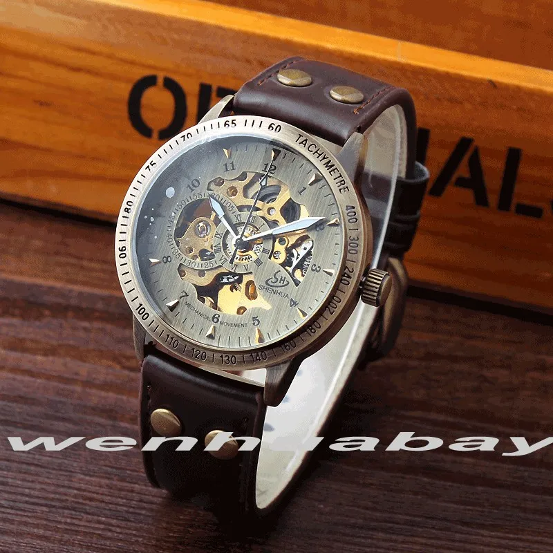

Vintage Retro Mens Automatic Mechanical Bronze Skeleton Dial Watch Analog Hand-winding Leather Band Sports Wrist Watch Men Gifts