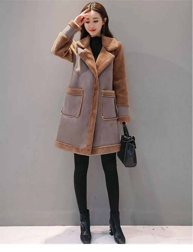 Женская зимняя куртка из искусственной овечьей шерсти и замши, плотное пальто, теплая куртка с длинными рукавами для женщин, Осеннее женское длинное пальто, тренд