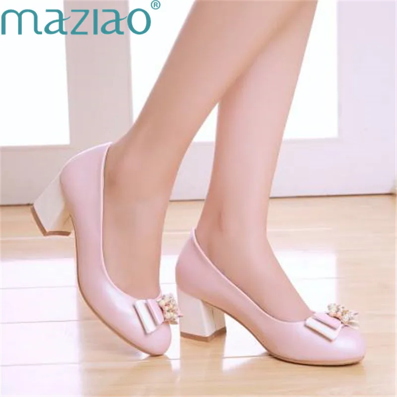 

Ladies Shoe Shallow Mouth Round Head Flower Bow Decoration Rubber Thick Heel Shoes Woman Heels MAZIAO
