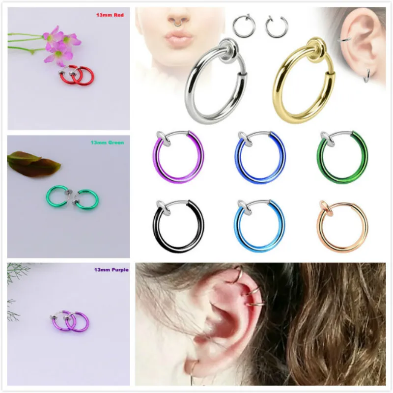 

2019.NEW 2 Piece Fake Nose Ring Goth Punk Lip Ear Nose Clip On Fake Septum Piercing Nose Ring Hoop Lip Hoop Rings Earrings