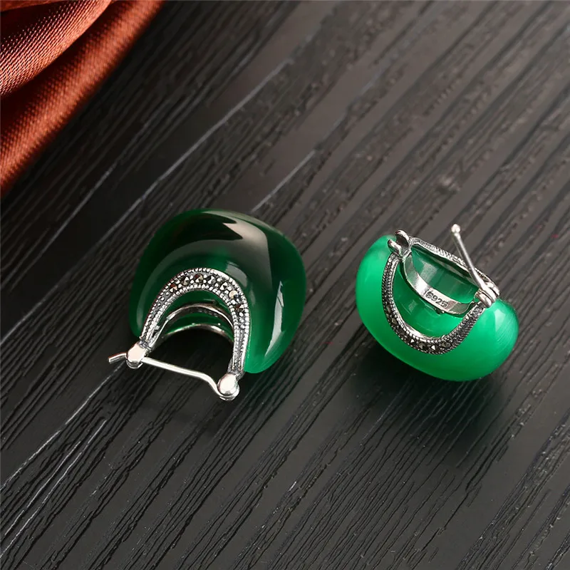 V.YA 925 Sterling Silver Moon Shape Drop earrings Elegant Green Opal Stone earrings Vintage Women earrings Female Fine Jewelry