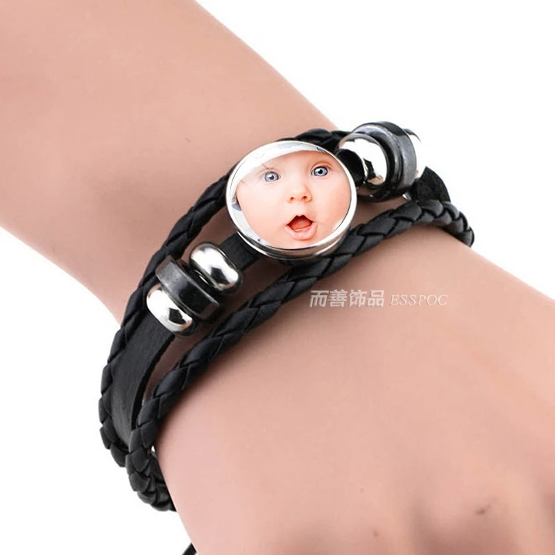 Персонализированные ювелирные изделия на заказ ваша семья любовник ребенок фото черный кожаный браслет Регулируемая Кнопка браслет Подарок на годовщину