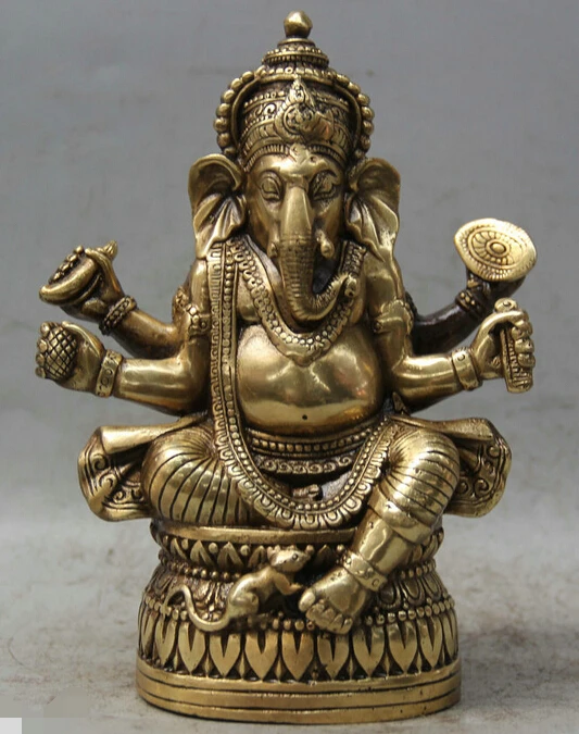 

6" Tibet Buddhism Brass 4 Arms Ganesh Lord Ganesha Elephant God Buddha Statue R0710