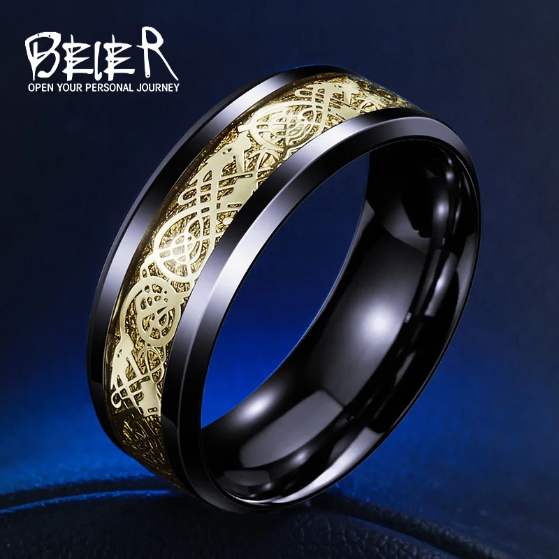 Beier кольцо из нержавеющей стали 316L Свадебные простые изысканные ювелирные изделия для мужчин/женщин модные ювелирные изделия BR-R002 - Цвет основного камня: balck and gold