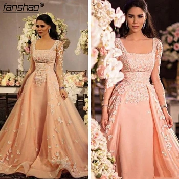 

Long Sleeves Prom Dresses for Women Lace Applique Formal Evening Dressess Square Zipper Plus Size Party Gowns