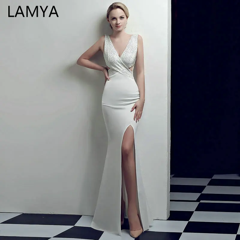 

LAMYA V Neck Front Split Mermaid Evening Party Dresses Sexy Backless Prom Dresses 2019 Elegant Criss Cross Formal Gown