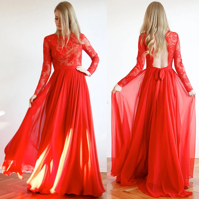 Vestido Largo Fiesta пикантные красные с длинным рукавом платья для выпускного вечера 2019 Открыть Назад Аппликация Кружева шифон Формальные женские