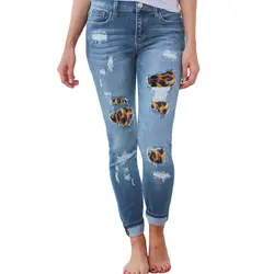 MoneRffi женские большие размеры Высокая талия обтягивающие джинсы однотонные леопардовые Лоскутные нерегулярные ребристые отверстия узкие