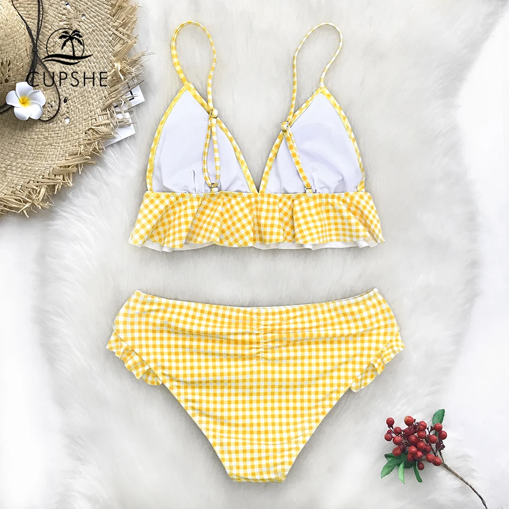 Online CUPSHE Gelb Gingham Ruffled Bikini Sets Frauen Süße Zwei Stück Badeanzüge 2020 Mädchen Strand Badeanzüge Bademode
