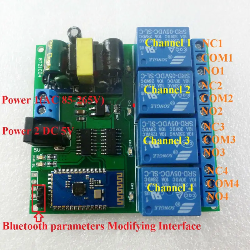 

4 CH AC 110V 120V DC 5V Bluetooth-compatible Relay Switch for Android app Wireless Remote Controller