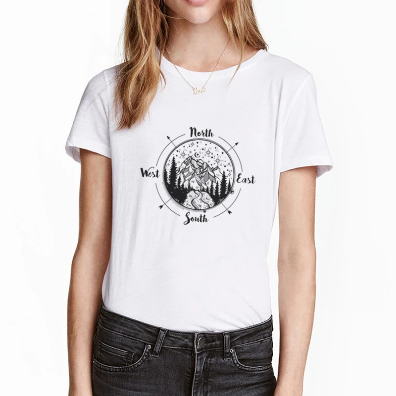 

Harajuku Black White Simple Style Compass Direction T-shirt Night Sky Mountain Graphic Aesthetic Tees Tops Hipster Streetwear