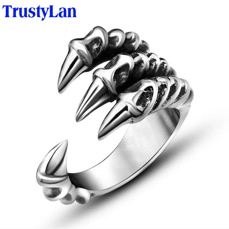 TrustyLan, размеры 7-12, мужские кольца в стиле панк-рок из нержавеющей стали, мужские готические байкерские ювелирные изделия, серебряного цвета, коготь дракона, мужское кольцо на палец