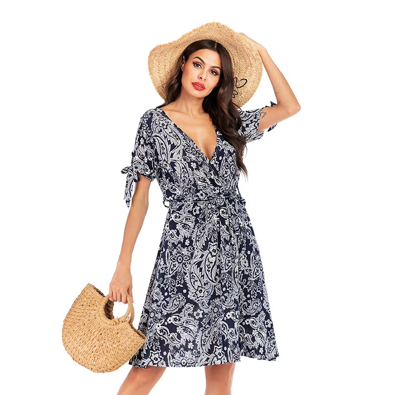 

2019 Hot Sale Lanon Vadim Dress Plus Size The New Dress V-neck Lace-up Full-ed Cultivate Morality Floral Female Temperament