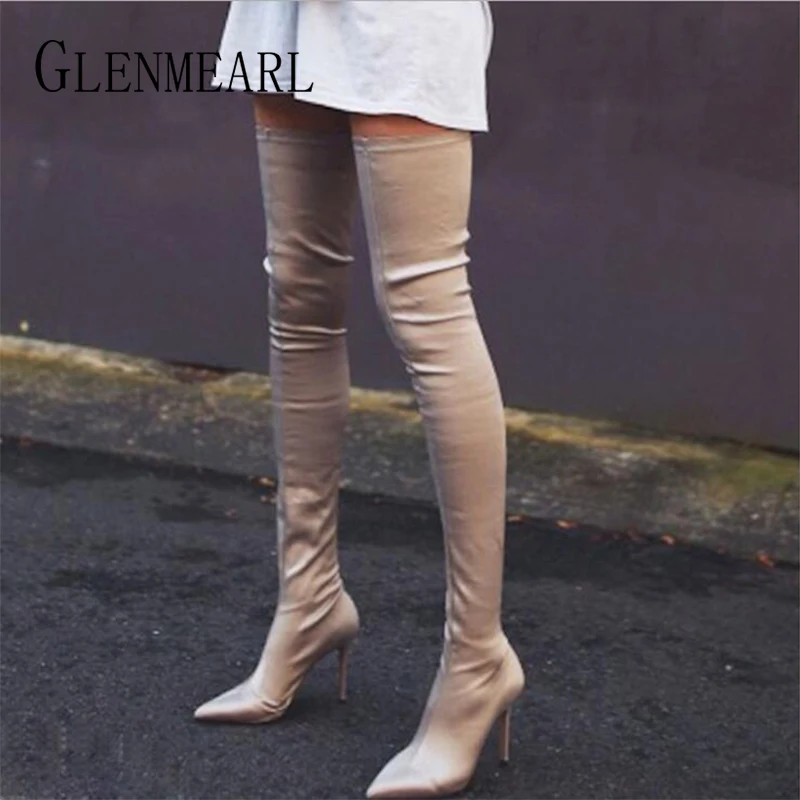 

Sexy Women Over Knee High Boots Warm Winter Shoes Stretch Elastic High Heels Boot Woman New Pointed Toe Plus Size Ladies Shoe DE