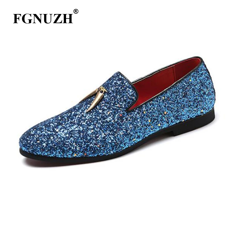 

FGNUZH Luxury Men Loafers Shoes Slip On Moccasins Glitters Bling Stylish Flats Shoes Man Party blue dress wedding Shoes ST372