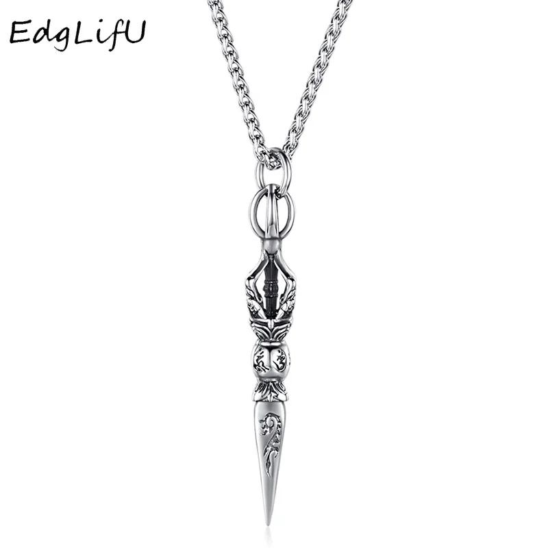 

EdgLifU Men's Retro Six-word Mantra Vajra Pendant Necklaces Buddhist big Mantra bodyguard Long Chain Necklace jewelry for Man