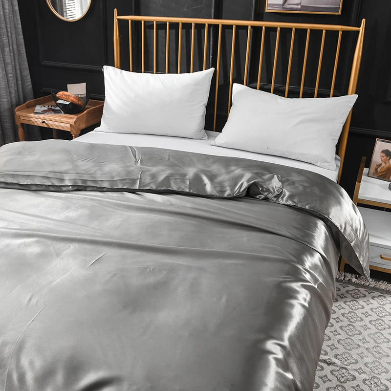 Liv-Esthete New Luxury Satin Silk Gray Bedding Sets Silky 1pcs Duvet Cover Set Bed Set Single Double Queen King Quilt Cover