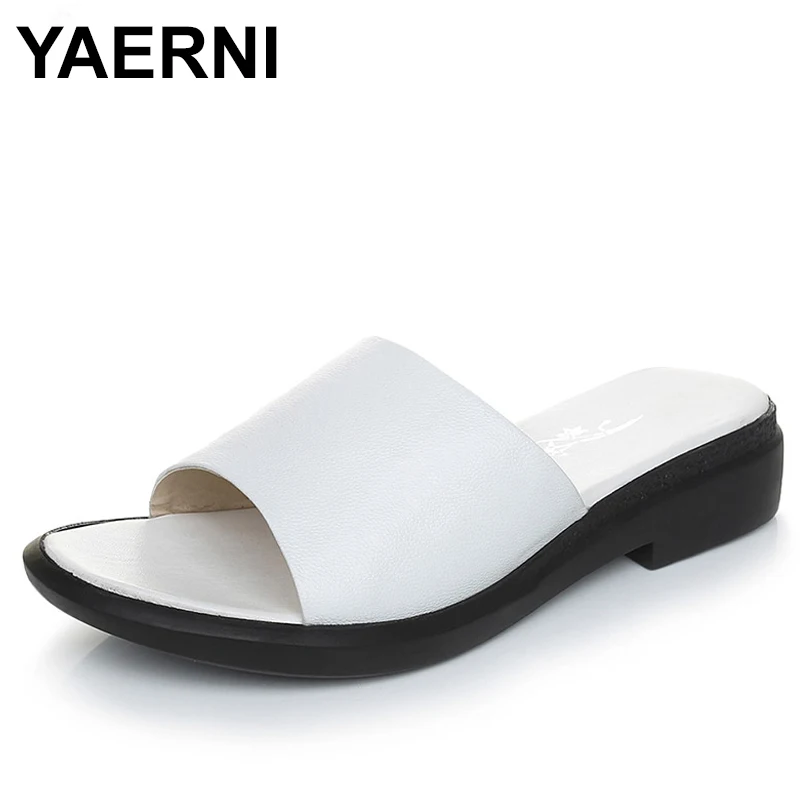 

YAERNI Summer Women's Slippers 2018 Sweet Flat Heel Shoes Black White Genuine Leather Woman Slides Plus Size 35-43 E563