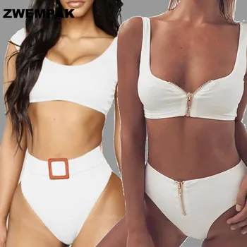 

2019 retro high waisted swimsuits for women,vintage zip/belt bathing suit,female bikini set,ladies beachwear swimwear biquini