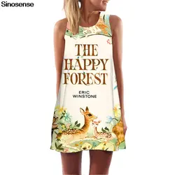 Новая мода веселый лес с принтом букв Для женщин летнее платье 2019 без рукавов свободные шифоновые Цельнокройное платье Повседневное мини