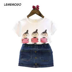 LEMEMOGO новые летние хлопковые Комплект футболок для девочек, детская ковбойская юбка с героями мультфильмов, костюм из 2 шт., хлопковая