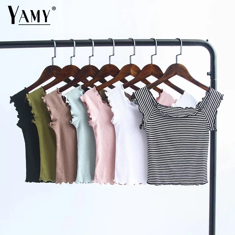 

Vintage Sexy Off Shoulder Slash Neck Crop Top Ruffles Pullover Striped Short Sleeve T-Shirt Women Slim Tee Tops
