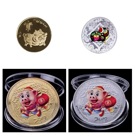 New 2019 Fu Pig Commemorative Coin Year Of Pig Lucky Pig Blessed Coins Gold Silver Plated New Year Gift Good Fortune