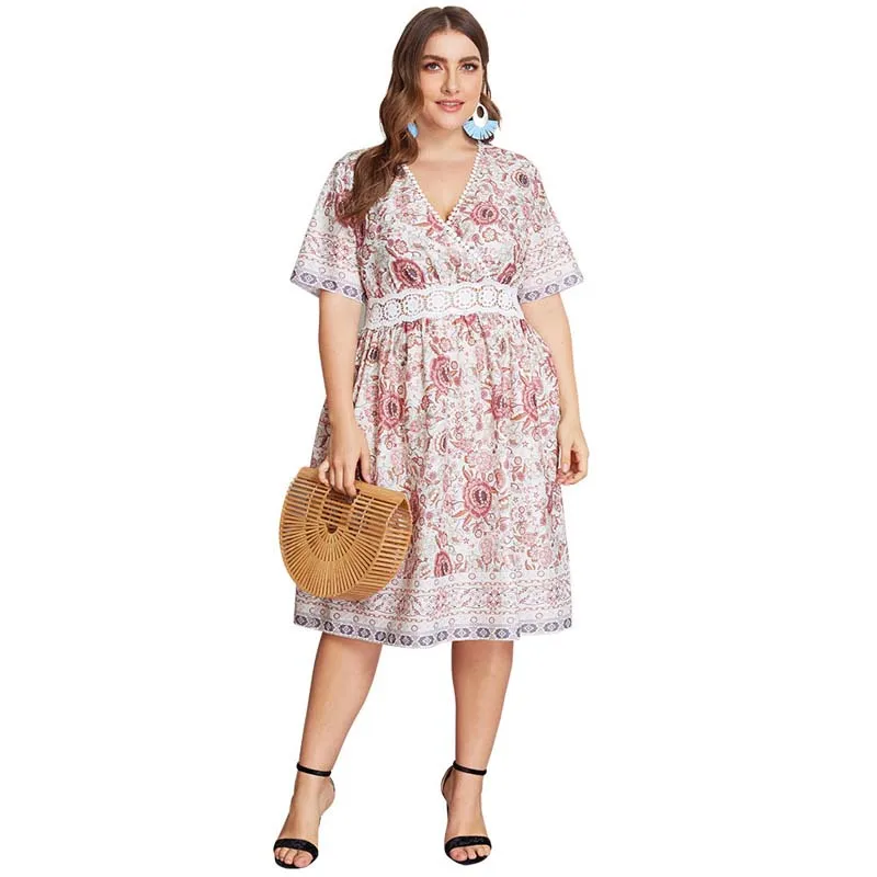 

Flower Lace Dress Women Fat 2019 Summer Elegant Party Dress Big Size Print Dress Beach Plus Size Sexy Dresses Womens 4XL