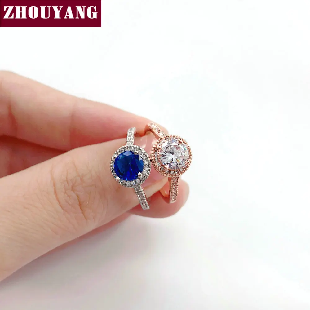ZHOUYANG обручальное кольцо для женщин простой стиль синий фианит розовое золото
