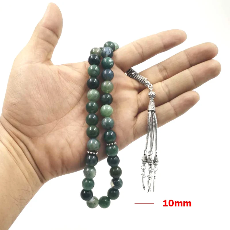 Природные водные Агаты четки камень Tasbih ислам 33 66 99 бусины стиль зеленый человек молитва бусины