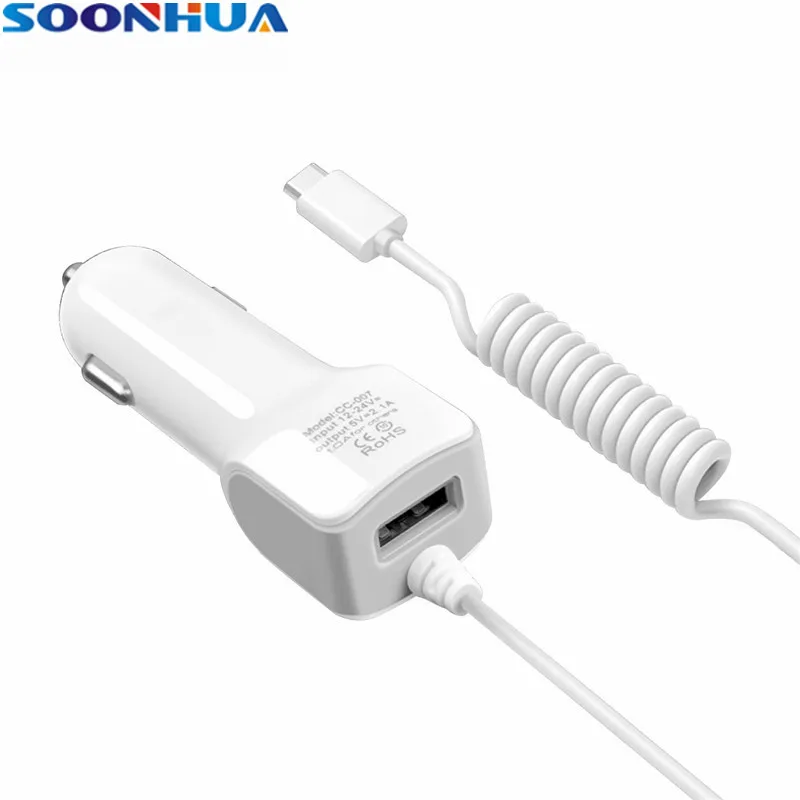 

SOONHUA Portable 2.1A USB Car Charger Mobile Phone Charger IC Control Protection Adapter With LED Indicator Micro Type C Cable