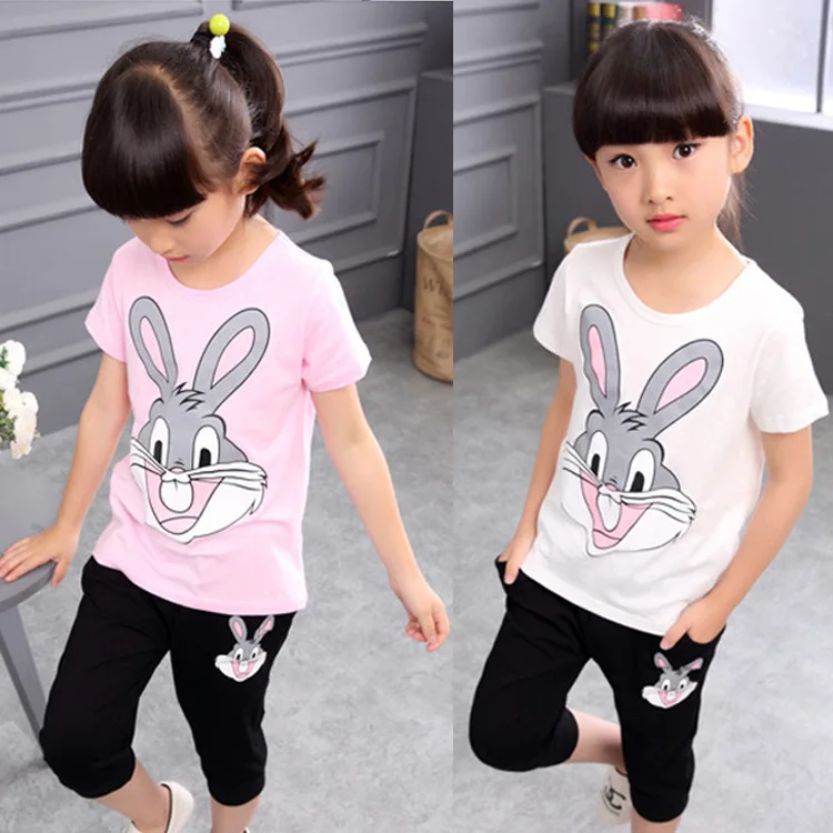 

Children Clothing Sets New Girl Sports Suit Cotton Summer Short Sleeve Rabbit Shirt+Harem Pants Kids Girl Clothes Suits 2pcs/set
