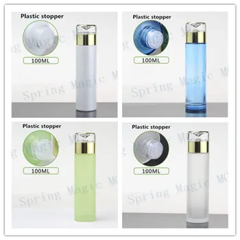 

50PCS High-Quality100ML Blue/Green/Frosted/Pearl White Glass Bottle With Plastic Stopper Acrylic Gold Lid Cosmetic Packaging