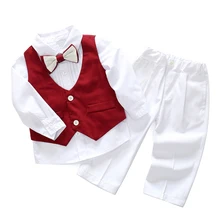 Одежда для маленьких мальчиков для малышей торжественное платье белая рубашка с галстуком-бабочкой+ Красная Туника+ белые штаны, размеры от 1 до 5 лет Детское свадебное платье комплект из 3 предметов