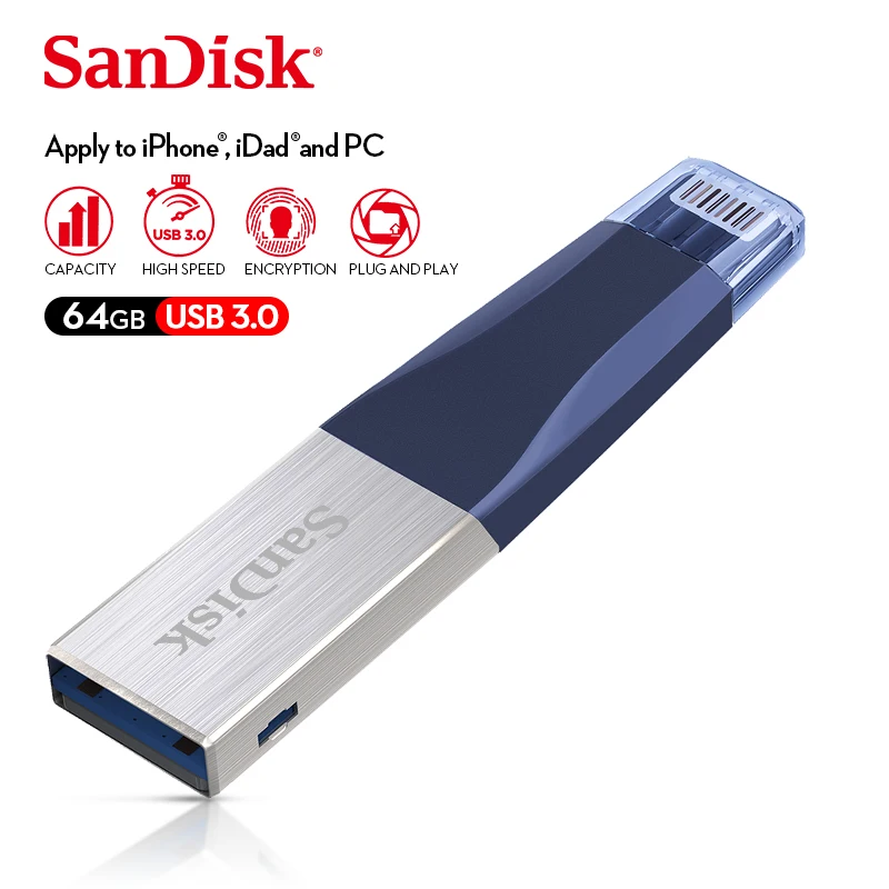 

Sandisk iXPAND USB 3.0 OTG Flash Drive 32GB 64GB Lightning to Metal Pen Drive 128GB U Disk For iPhone iPad iPod Memory Stick
