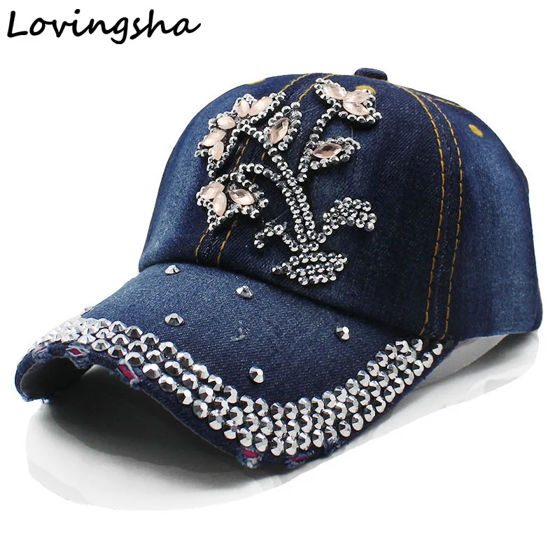 Lovingsha High quality Rhinestones Lady Baseball Cap Fashion Leisure Woman Demin cap Vintage Jean Cotton AD059|ladies baseball caps|baseball