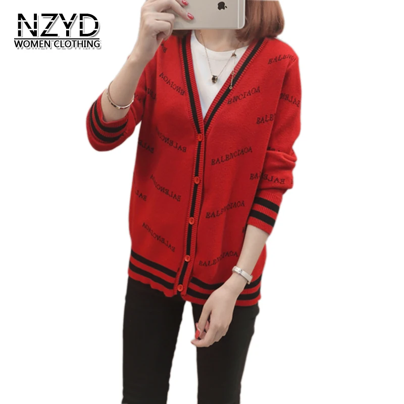 

2018 Spring Autumn Women Sweater New Style Fashion Vintage Letter Printing Short Jacket Casual Loose Female Sweater Coat NZYD579