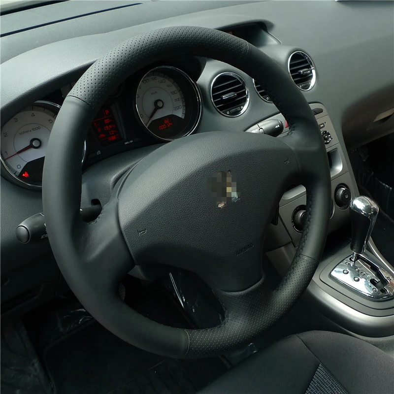 Шитый вручную черный кожаный чехол на руль BANNIS для старого Peugeot 408 /Peugeot 308|Чехлы