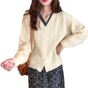 

Knitted Sweater Women White Plus Size Loose V Neck Slim Cardigans 2019 Autumn Winter Korean Fashion Beige Yellow Sweaters LD1132