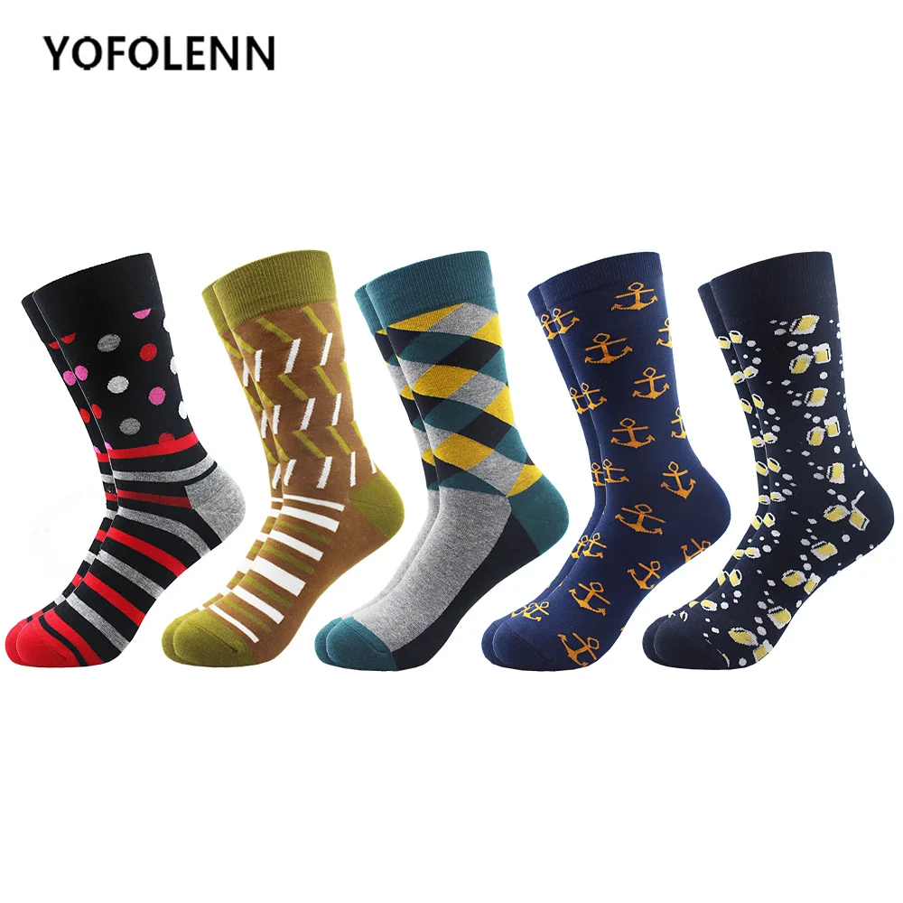 

5 pair/lot Fashion High Quality Socks Dark Color Series Business Brand Happy Funny Stripe Beard Pattern Socks Casual Crew
