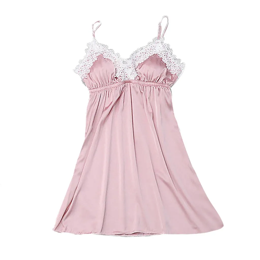 Женские сексуальное спальное белье атласная ночная рубашка с v-образным вырезом сексуальное новое женское белье для девочек женское шелковое кружевное платье атласная ночная рубашка пижамы# XTN - Цвет: Розовый