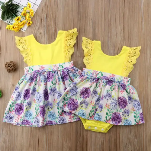Модная одежда для маленьких и больших сестер; Комплект для маленьких девочек; кружевной комбинезон с цветочным принтом; платье; Милая одежда для малышей