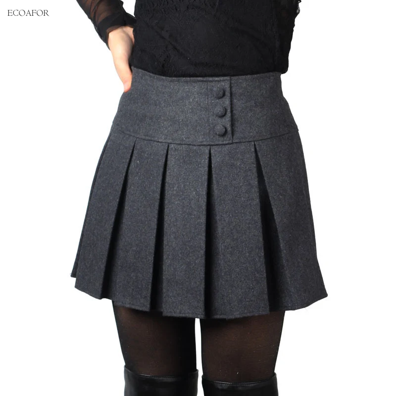 

3 Colors Winter Skirts Womens Autumn Fashion Brand Solid Color Zipper Closed Buttons Pleated Mini Short Warm Woolen Skirt