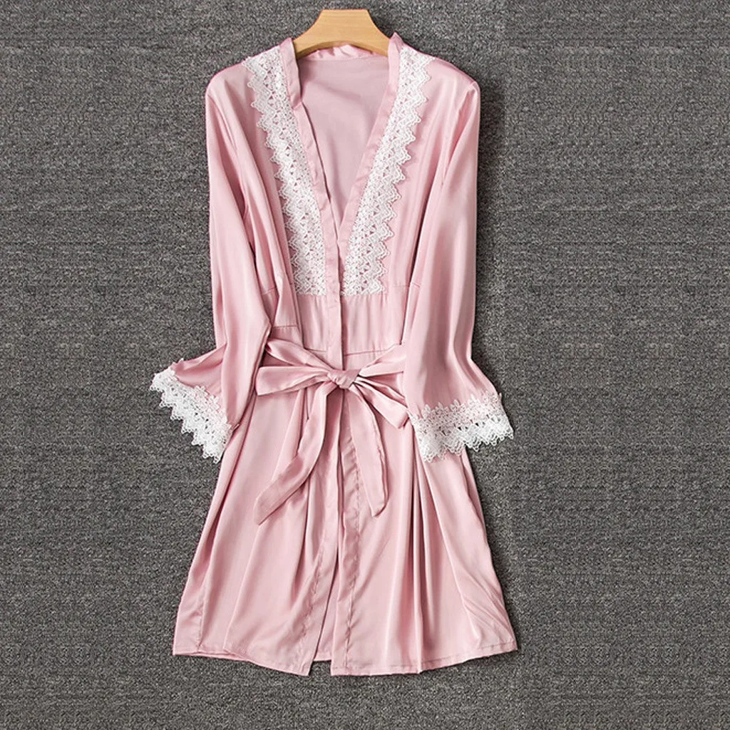 

Sexy Silk Robes For Women Sleepwear Silk Lace Stain Sleepwear Night Sexy Dress Lingerie Women Robe Long Sleeve Bathrobe Pajamas