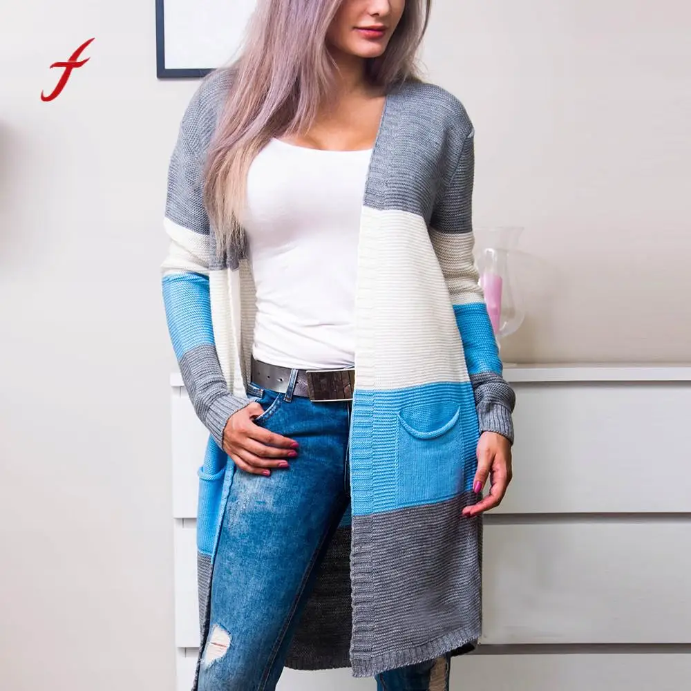 

Autumn Winter sweater Women Long Sleeve Pockets Striped Panelled Sweater Cardigan Coat plus size sweater women Cardigan