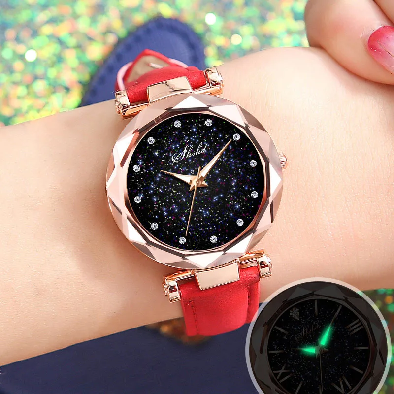 Красный Women Quartz Watch Round Star Dial Wrist Watch with Perforated Frosted Strap GDD99 - Цвет: Красный