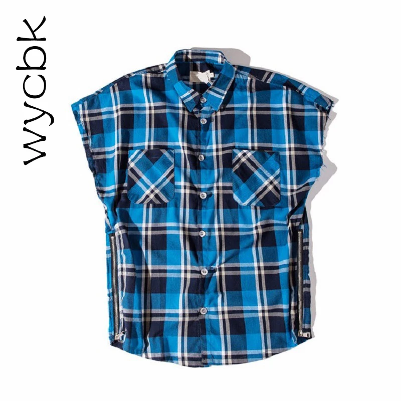 

Side Zipper Plaid Flannel Shirt Men Sleeveless 2017Summer Oversize Hip Hop Shirts Plus Size Blue Shirt Men Justin Bieber Clothes