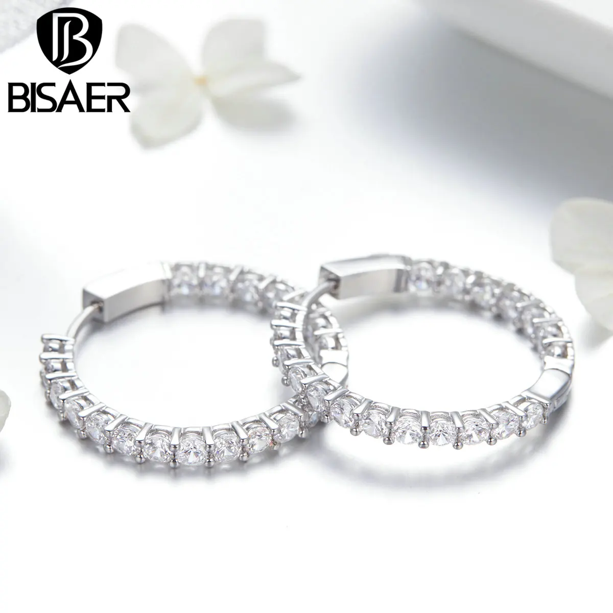 Женские круглые серьги кольца BISAER серебристые сережки с прозрачным фианитом